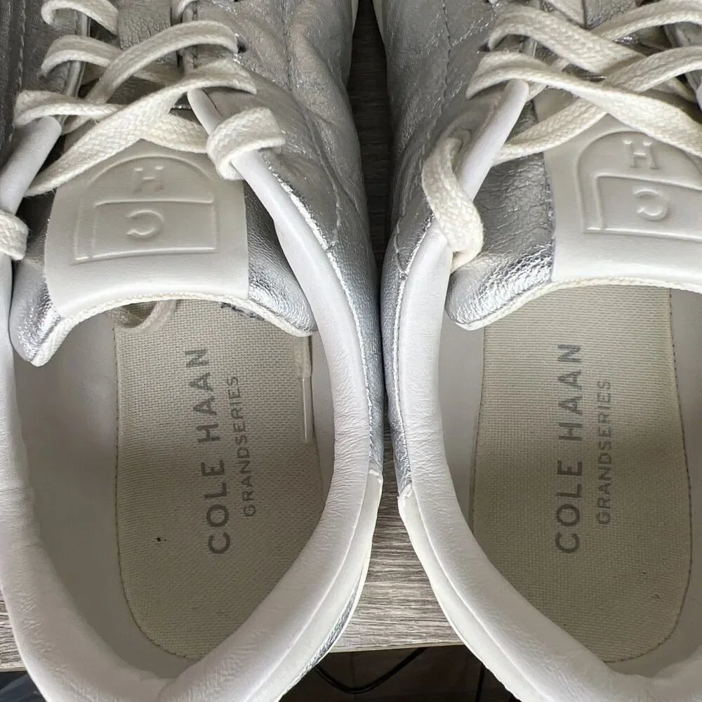 Cole Haan Grand Series Leather Sneakers Womens 9.5 B Silver Metallic Shoes